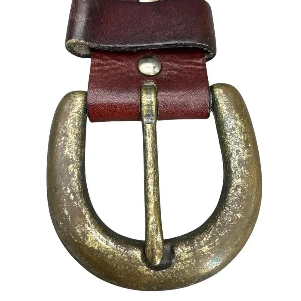 Vintage Distressed Patina Braided Leather Belt Hammered Brass Buckle Women 34